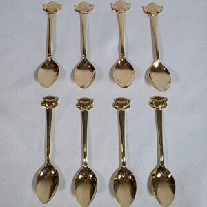 Vintage HIC Japan Gold-tone Stainless Teapot Teacup Demitasse Spoons Set of 8